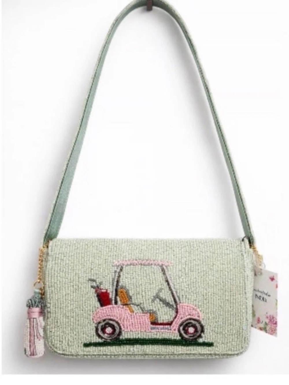 Mint Green Shoulder Bag with Pink Beaded Golf Cart Motif